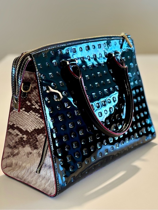 Arcadia Handbags - Arcadia Patent Leather Snakeskin Trim Satchel